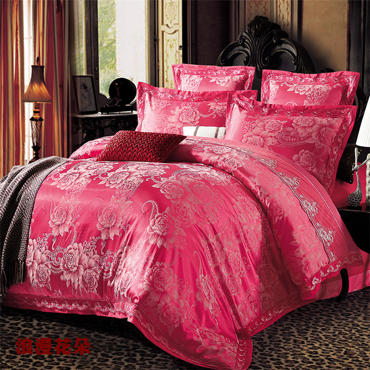 Ÿ  ̽ ī ƾ ħ Ʈ  ŷ, 4PC  ũ ̺ / ̺ Ŀ ħ ħ  Ȩ /Luxury Red Lace Jacquard satin Bedding Set Queen King,4pc Wedding Silk Quilt/Duve